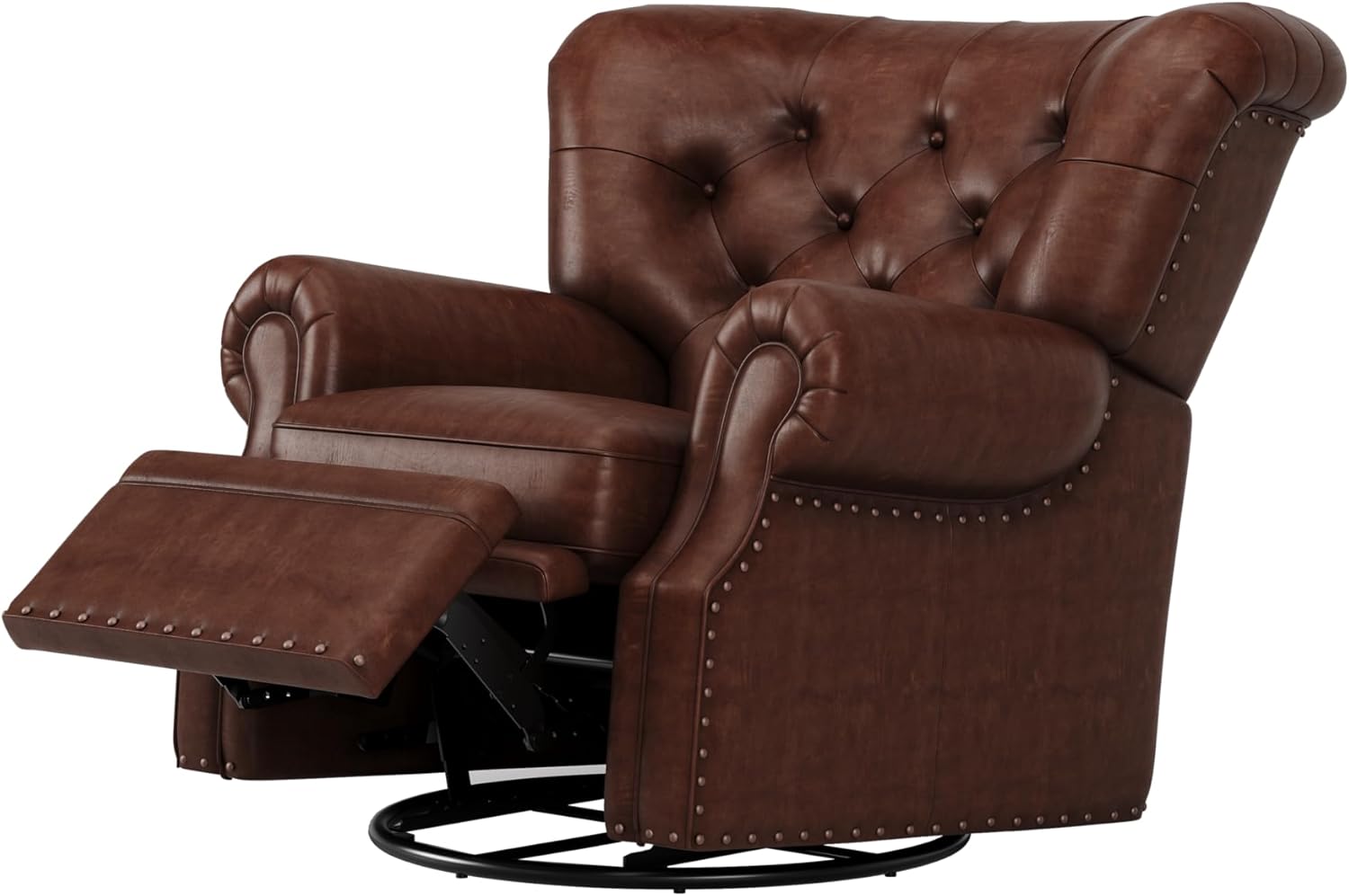 Valencia Liam Swivel Manual Recliner Chair, Mid-Century Modern Full-Aniline Leather Upholstery, 360° Swivel & Roll Arm, Space-Saving Design for Living Room or Office (Dark Chocolate)
