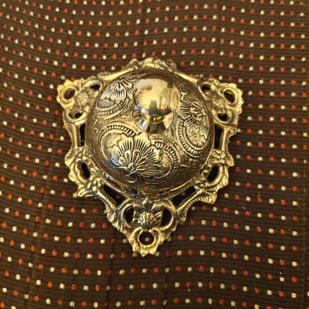 Vintage Brass Service Bell, Ornate Victorian Style, Gold-Tone Metal, Decorative Floral Pattern, Counter Top Reception Desk Bell