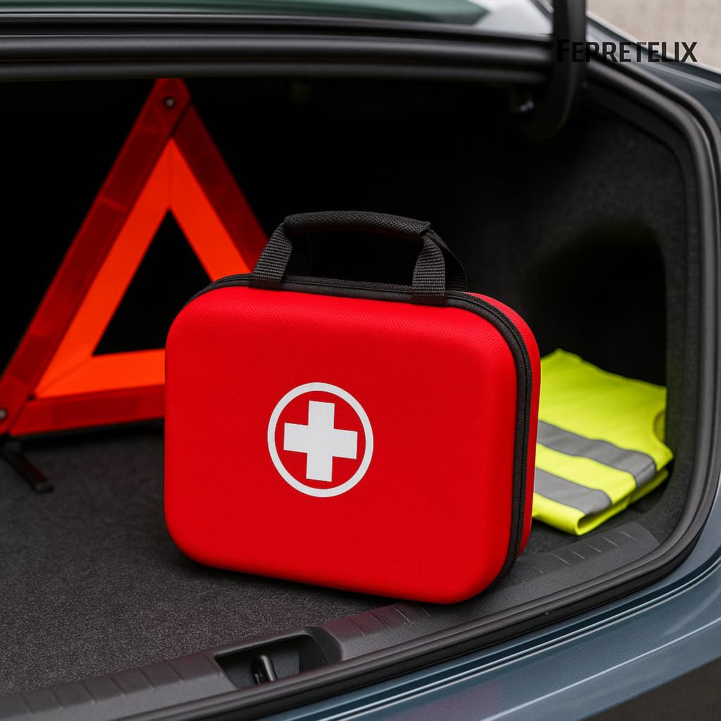 FERRETELIX® Botiquin neceser primeros auxilios con dotacion 25 cm x 20 cm x 8 cm Completo Emergencia, Para Viaje y Acampada, Coche, Supervivencia, Excursión, Montaña, Senderismo, Aventura, Rojo.