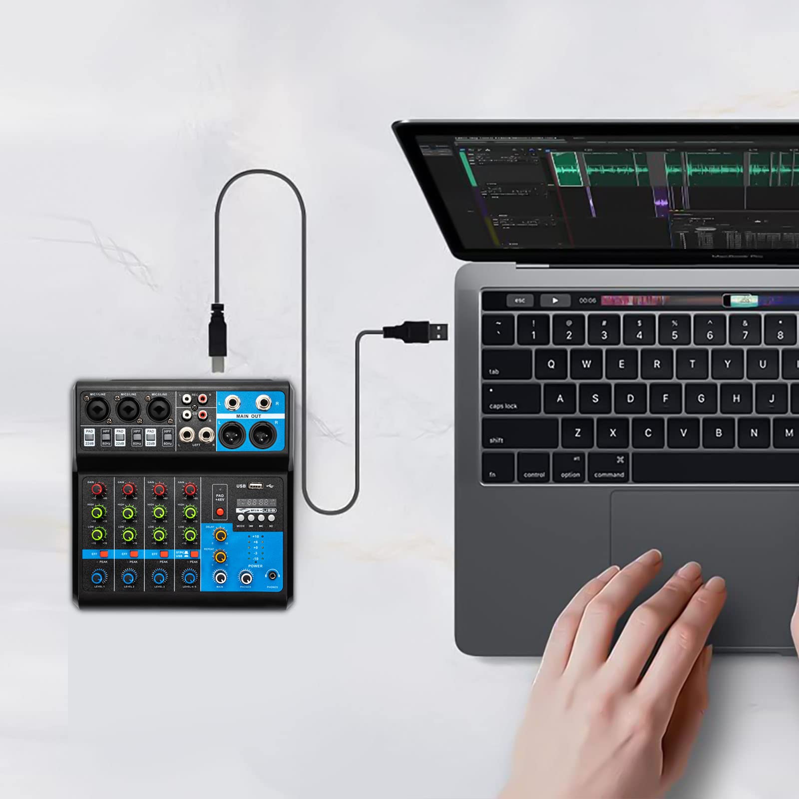 DJ-mengpaneel voor PC Audio Mixer Mixer Bluetooth, Mini Audio DJ Mixer Soundboard, 5-kanaals mixer met versterker, live DJ mixer Studio Streaming voor professionele opnames