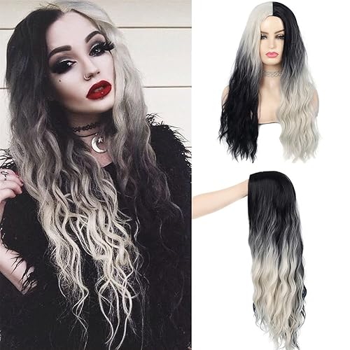 Swiking Pelucas mitad blanca mitad negra degradada para mujer, cabello sintético largo rizado ondulado, natural resistente al calor, peluca completa