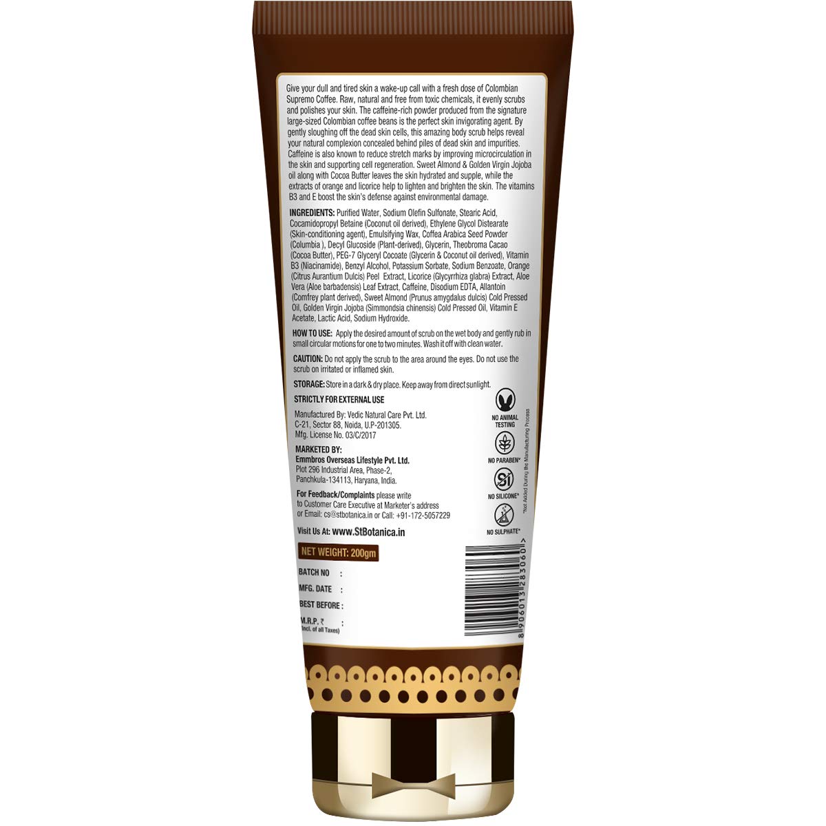 StBotanica Colombian Supremo Coffee Body Scrub 200g | With Coffee, Caffeine And Cocoa Butter |No SLS, Paraben