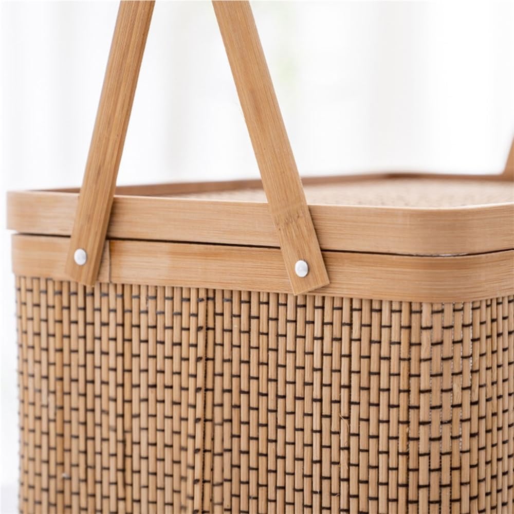 Cesto portaoggetti per uova, con coperchio per frutta, decorativo, da picnic, in bambù intrecciato intrecciato (35 x 25 x 18 cm)