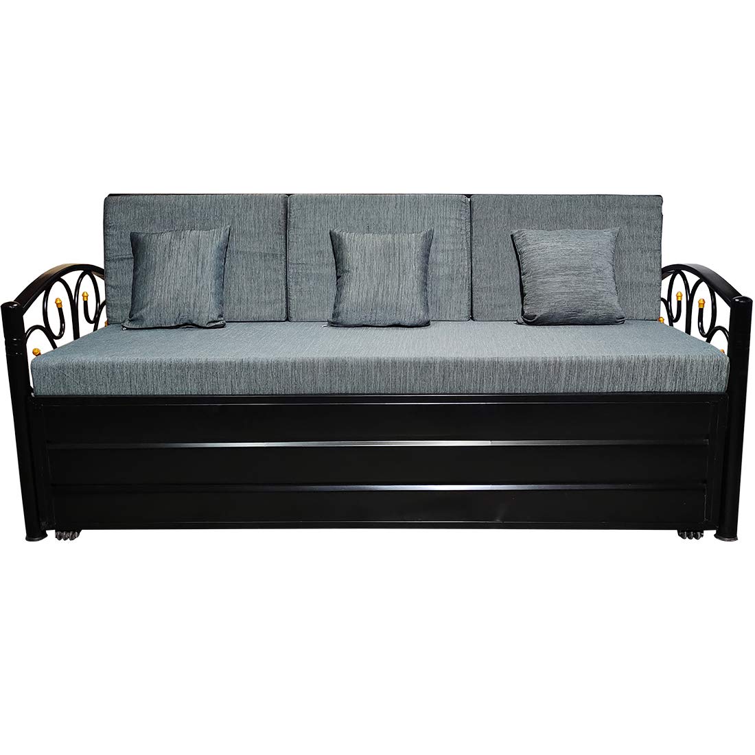 Royal Bed Manufacturer King Size Matte Black Metal Sofa Cum Bed With Hydraulic Storage - 3-Person Sofa|Grey (6X6)