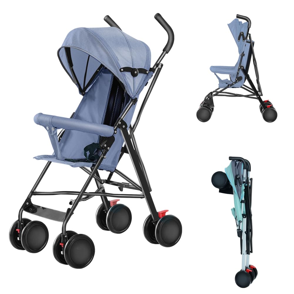 Poussette Canne 0-4 ans,Landau Poussette pour enfant,Pliable/Auvent Réglable/Roues Verrouillables/Coussin de Siège Confortable/Absorbant les Chocs et résistant à l'usure,L67cm x L45cm x H100cm (Bleu)