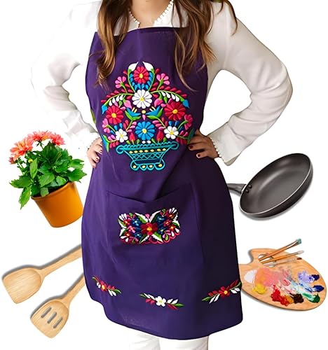 Delantal bordado púrpura mexicano mujer, flor 100% algodón cocina bolsillos pinafore bolsillos, México Restaurante personal uniforme camarera chef,