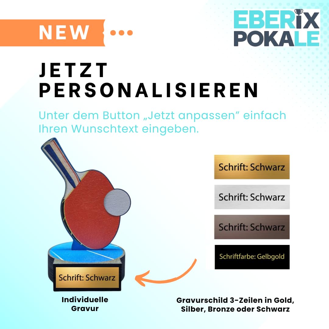Tischtennis Pokal 16 cm hoch | Trophäe mit Gravur | Holz Award | personalisierbar mit Schläger & Ball EBERiX Tischtennis Auszeichnung