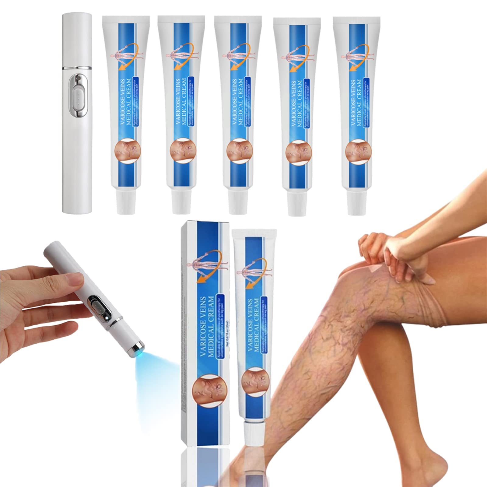 VeinsHealth Varicose Veins Blue Light Therapy, Varicose Veins Soothing Cream with Blue Light Therapy Set Varicose Veins Pen for Legs Spider Veins Removal (Varicose Veins Cream-5set)