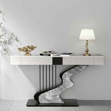 Half Moon Contemporary Console Table Slate Tabletop Black/Gold Luxury EntrywaySofa Table Long Narrow with Two Storage Drawers Creative Carbon Steel Base DecorativeBlack C,100cm/39.4in