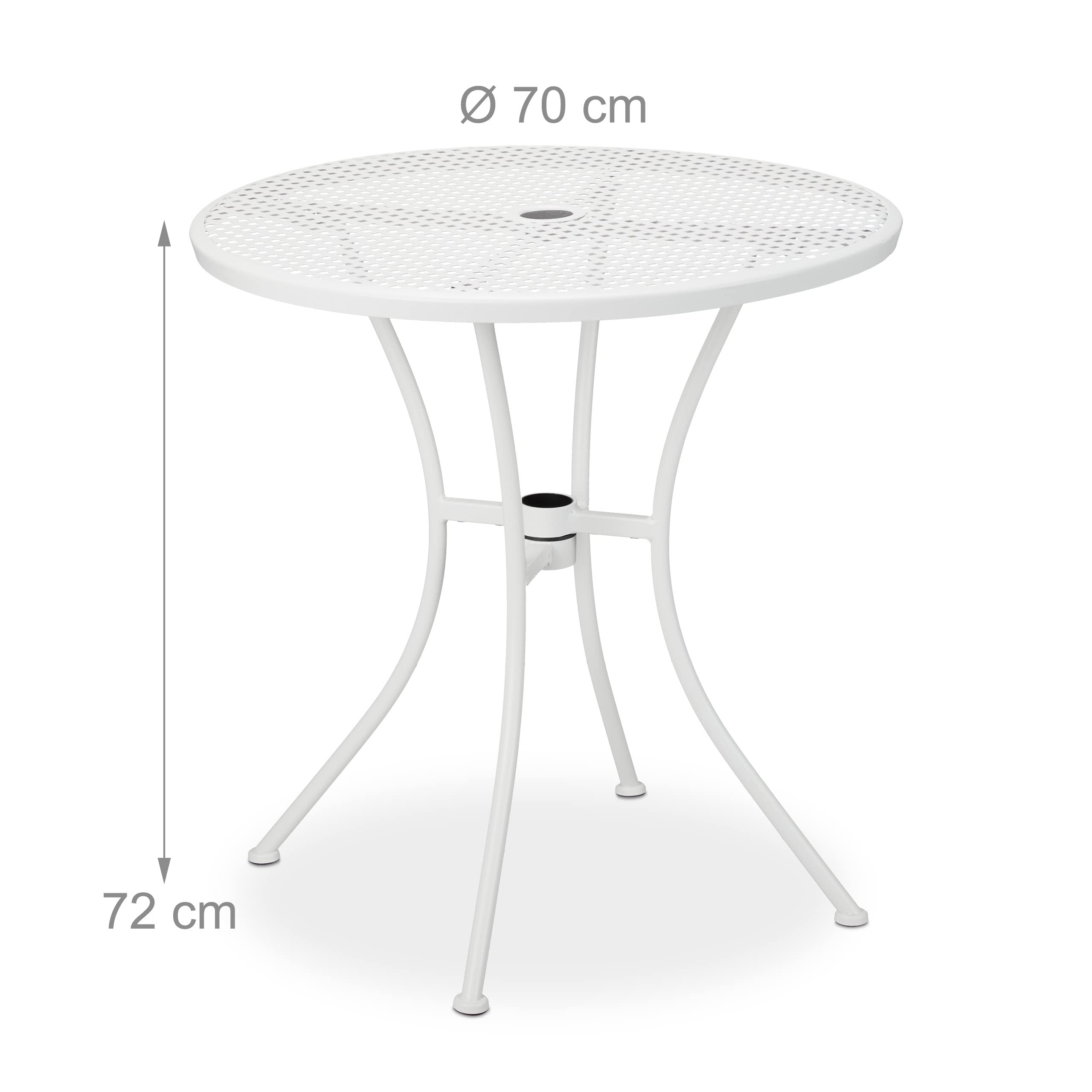 Relaxdays Tavolino da Giardino, con Foro per Ombrellone, in Acciaio Inox, Rotondo, Effetto Griglia, HxD 72x70 cm, Bianco