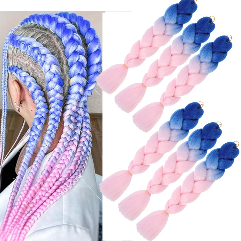 blue pink Braiding Hair Extensions 6 Packs Ombre Jumbo Braids Hair Hot water setting synthetic kanekalon Hair for Box Braids Crochet Twist Hair for women girls