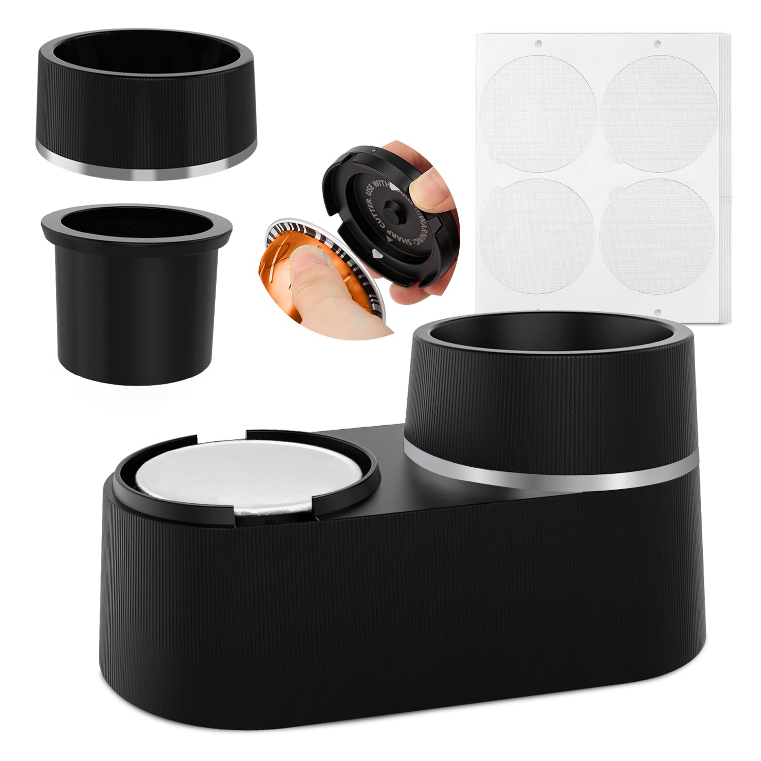 Vorontelle Reusable Double Pods Kit Compatible with Nespresso Pods Vertuo, Refillable Coffee Pods Espresso Accessories with 52 pcs Foil Seals Lids Compatible with Nespresso Espresso Machine