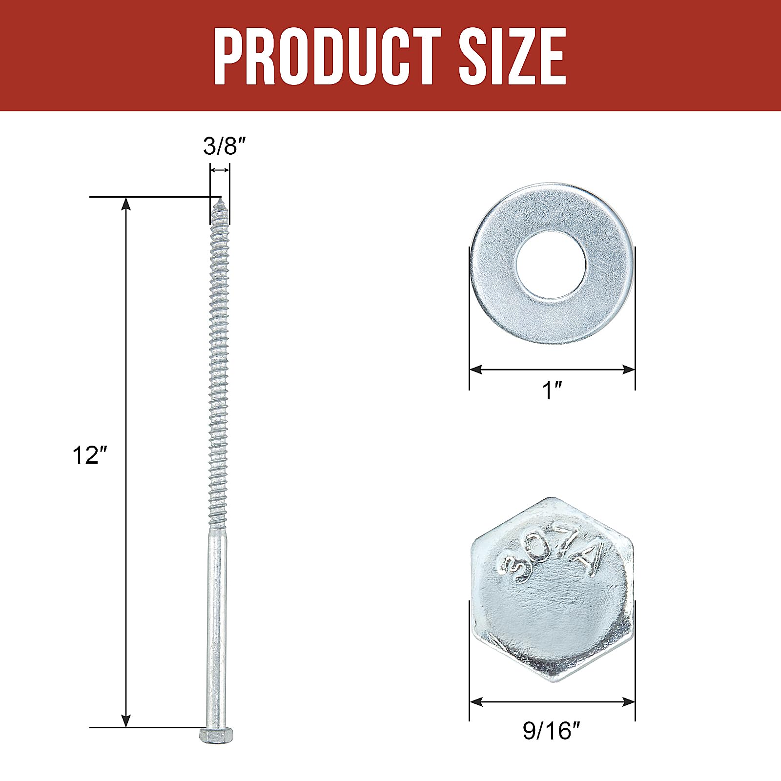 Bulloni a testa esagonale da 3/8" x 30,5 cm (25 pezzi) da 3/8" per legno, testa esagonale resistente con rondelle, zincati