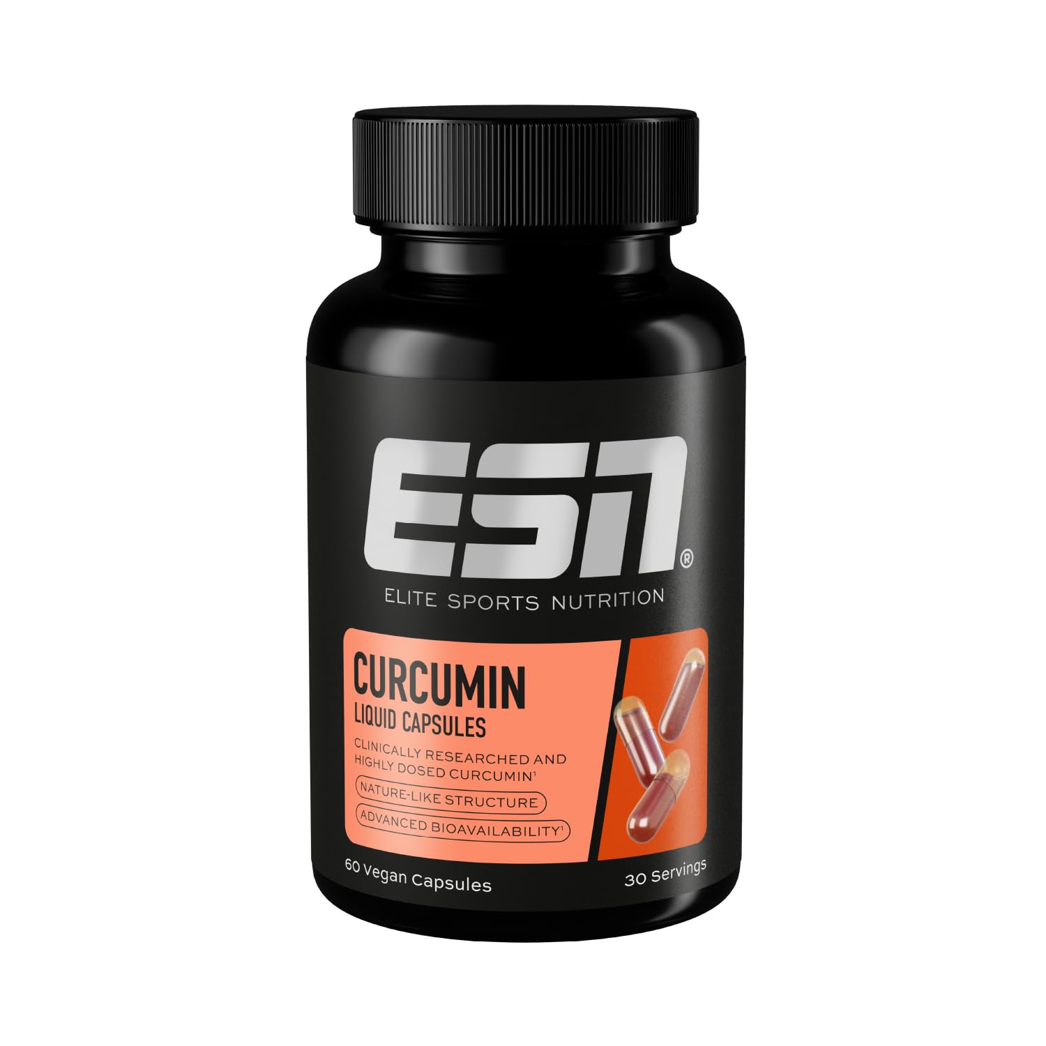 ESN Curcumin Liquid Capsules, 60 Turmeric Capsules, 1000 mg Curcumin per Serving, Made from Patented NovaSOL, 185 Times Higher bioavailability Thanks to Liquid Form, Vegan
