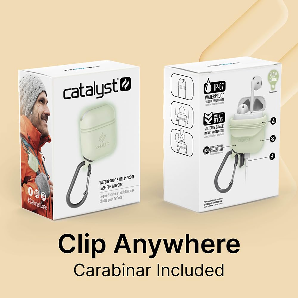 Catalyst - Cover Impermeabile e Antiurto per AirPods 1 e 2 con moschettone di alta qualità, ricarica wireless compatibile, custodia protettiva, alta protezione contro le cadute - Fosforescente