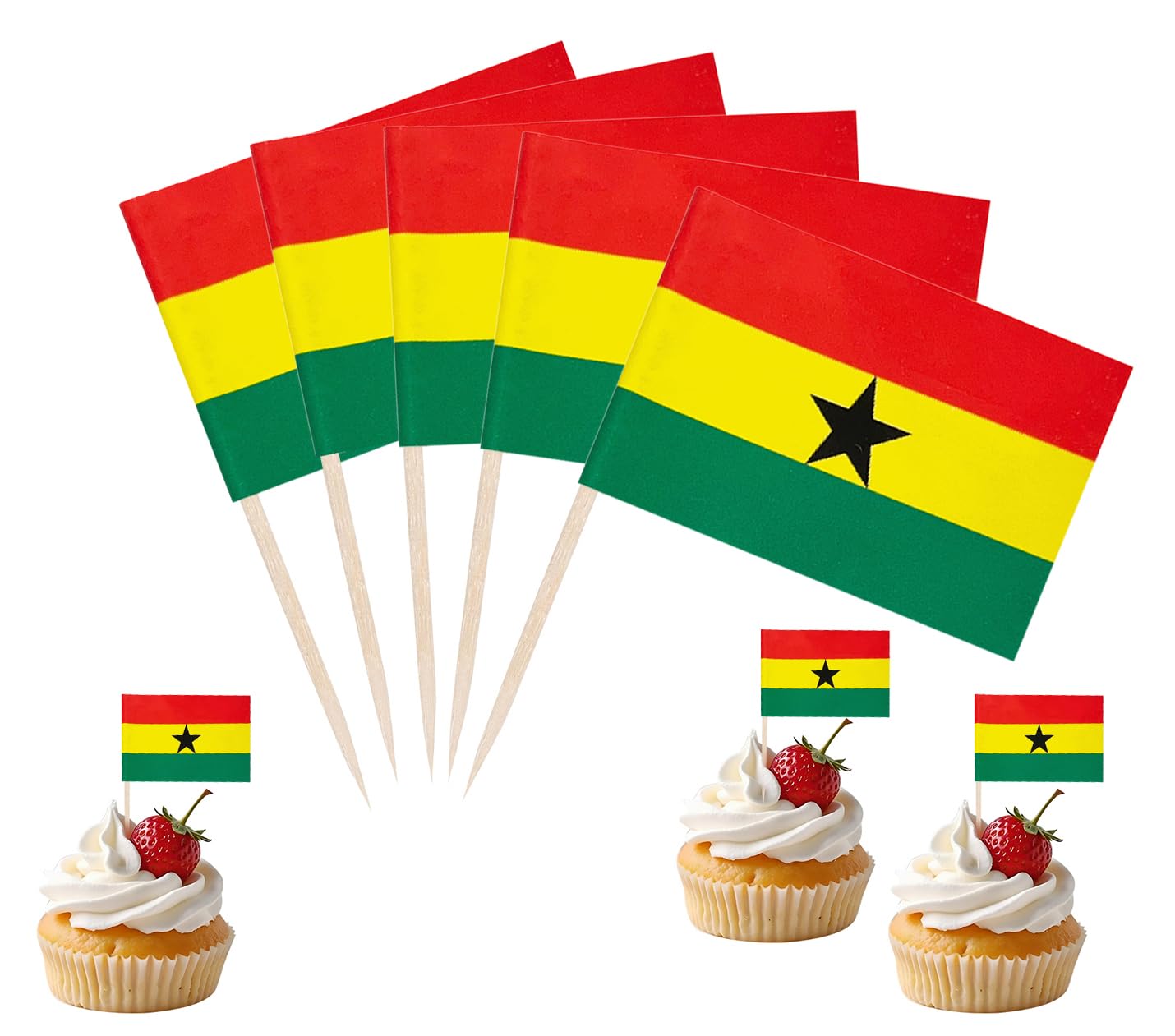 JBSJBS Ghana Flag Ghana Cupcake Topper Flags Banner Mini Small Ghanaian Toothpick Stick Flags Cake Party Festival Theme Decorations(100Pcs)