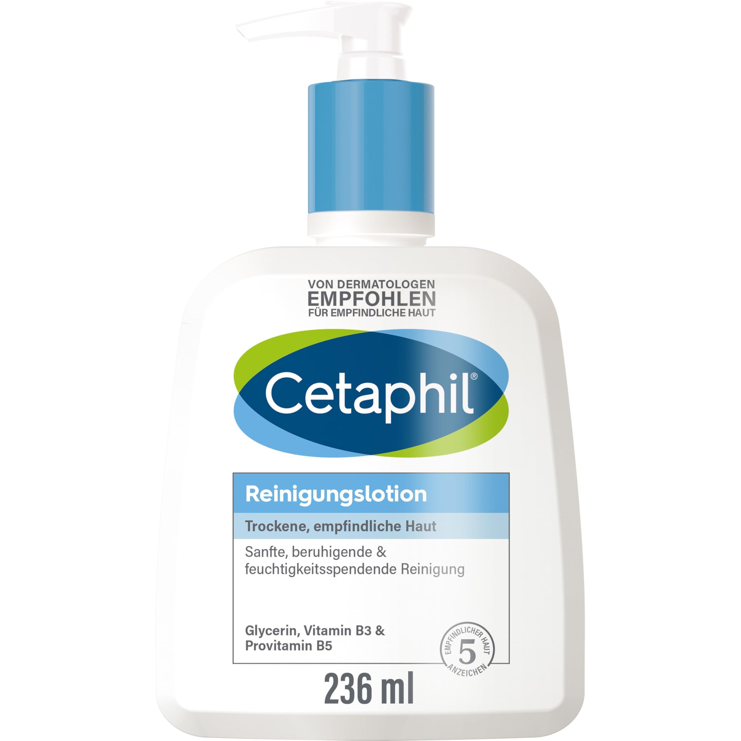 CETAPHIL Reinigungslotion, 236ml, Für trockene, empfindliche Haut, Gesichtsreinigung mit und ohne Wasser anwendbar, Entfernt sanft und effektiv Schmutz, Seifenfrei, Verpackung kann variieren