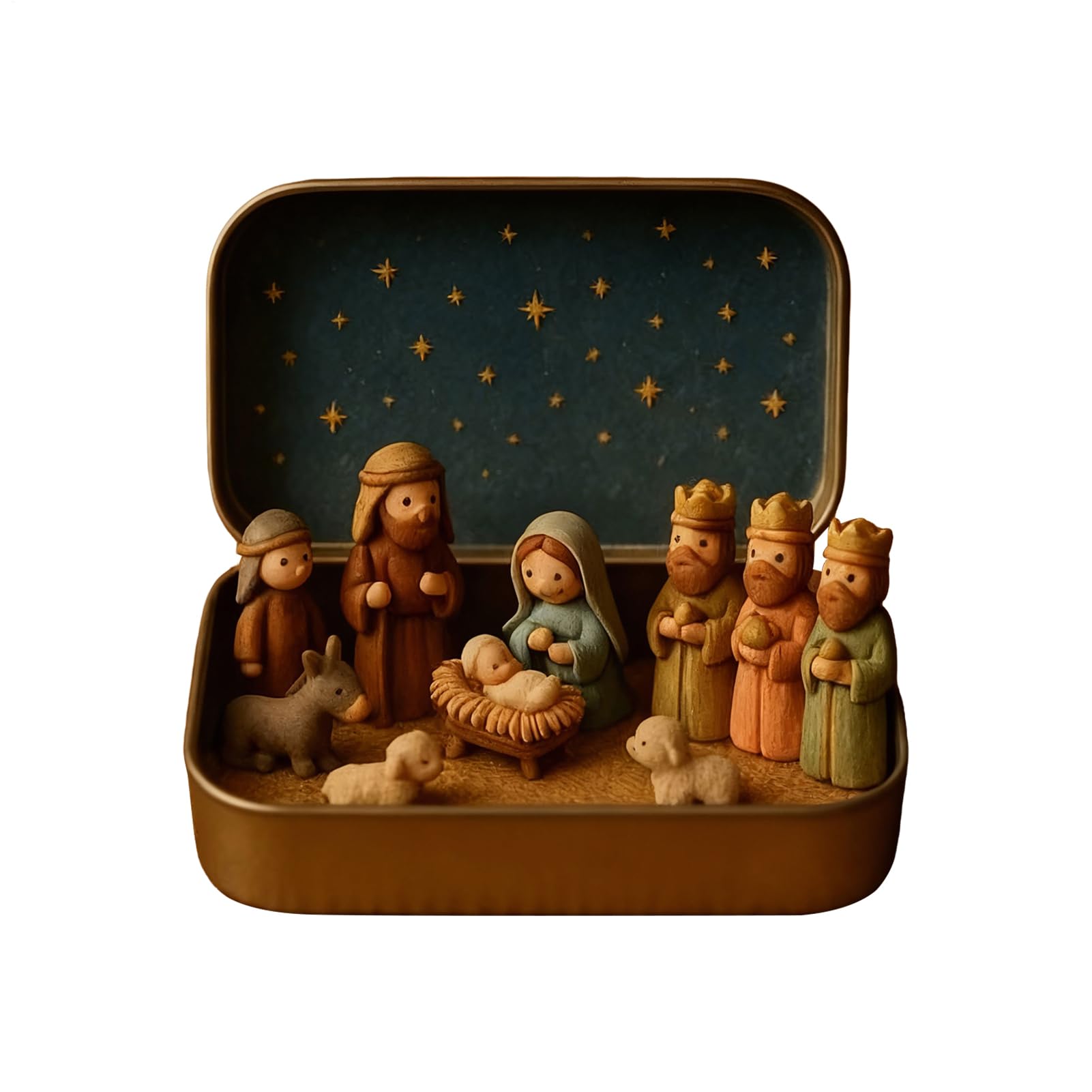 Mini Christmas Nativity Set En Caja Metálica, Navidad Belén Conjunto, Portátil De Bolsillo Cristiano Belén Figuras Conjuntos Decoración, Hecho A Mano Religioso Sagrada Familia Figuras Jesús Ornamento