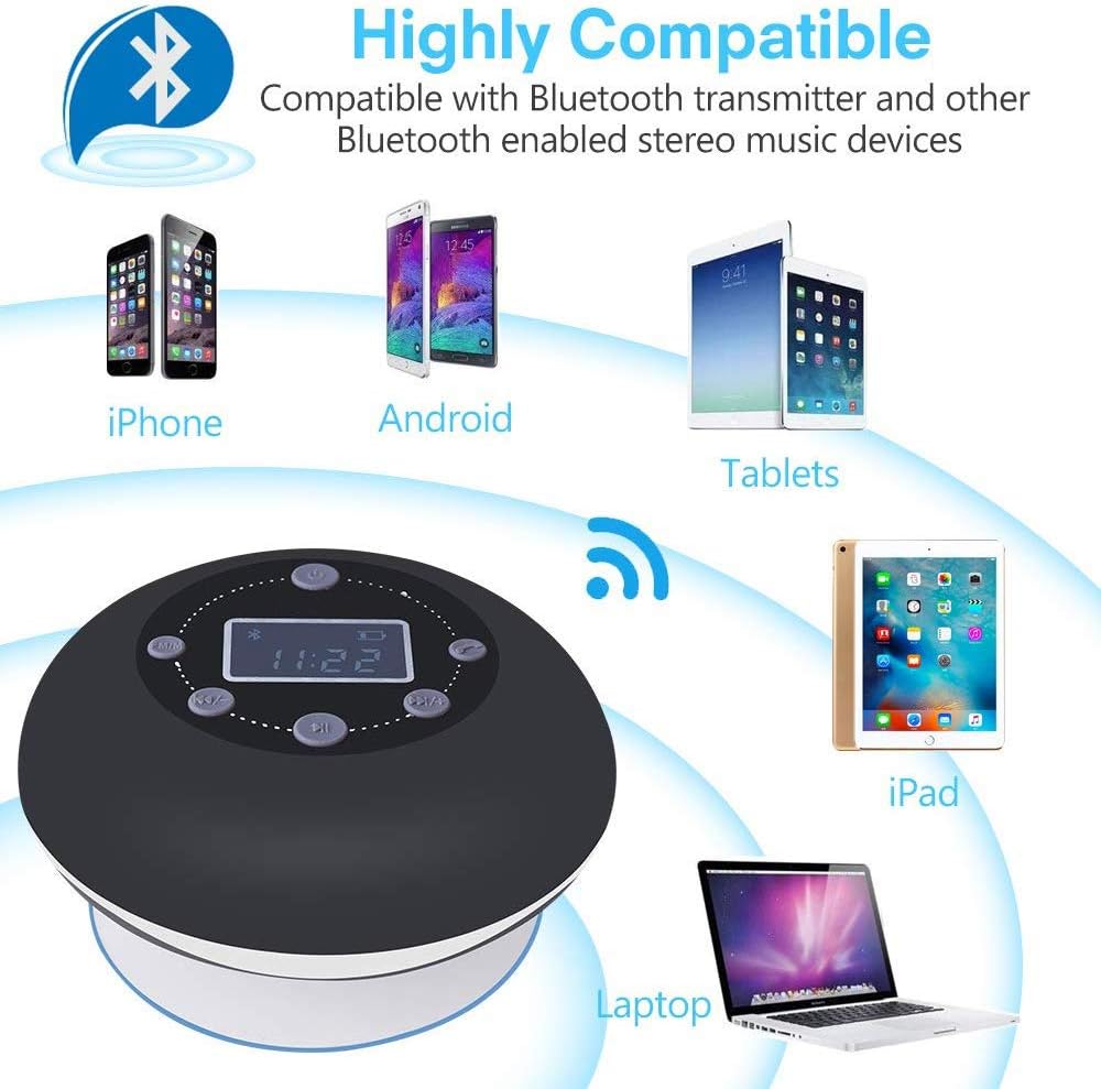 Image showing the JoyGeek Shower Speaker compatible with various devices like iPhone, Android phones, tablets, iPad, and laptops.