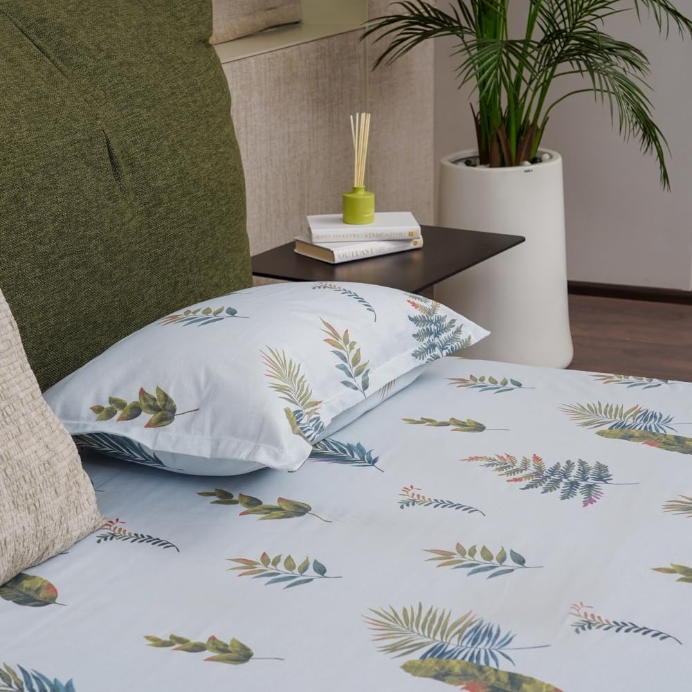 Urban Space Serene 100% Cotton 200 TC Printed Bedsheet for Single Bed with 1 Pillow Cover (Size 58 x 90 inches, Fall Leaves - Blue)