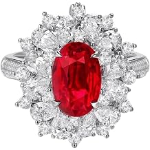Promise Ring Women 9K / 14K / 18K White Gold, Flower and 4 Claws Oval with 3.01ct Created Ruby and Moissanite, Promise Rings Silver Red for Women