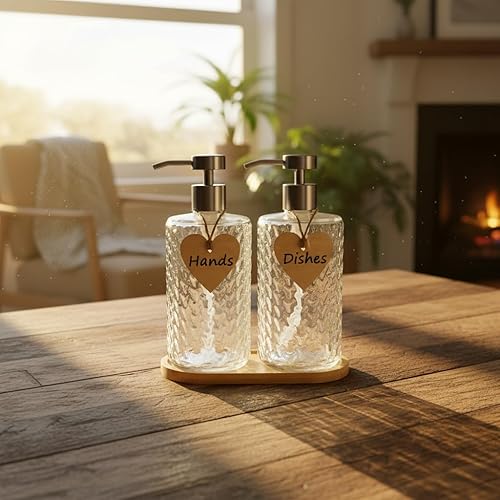 Miniatura 9 de Juego de dispensador de jabón de vidrio con bandeja de bambú, paquete de 2 botellas recargables de 16 onzas en relieve de flecha con bomba de acero