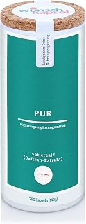 Satiereal Pur, 176,50 mg tĂ€glich hochdosierter und exklusiver Safran-Extrakt. UnterstĂŒtzt studienbasiert bei DiĂ€ten und Abnehmen. 290 vegane Kapseln, handgefertigt in der Wunschkapsel-Manufaktur