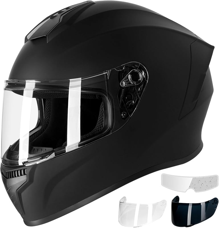 Full Face Motorcycle Helmet DOT Cascos para Moto Anti-Fog | ABS shell, dual visor clear+tinted, anti-fog, for men women, snowmobile dirt bike street, Black, size L 59-60cm