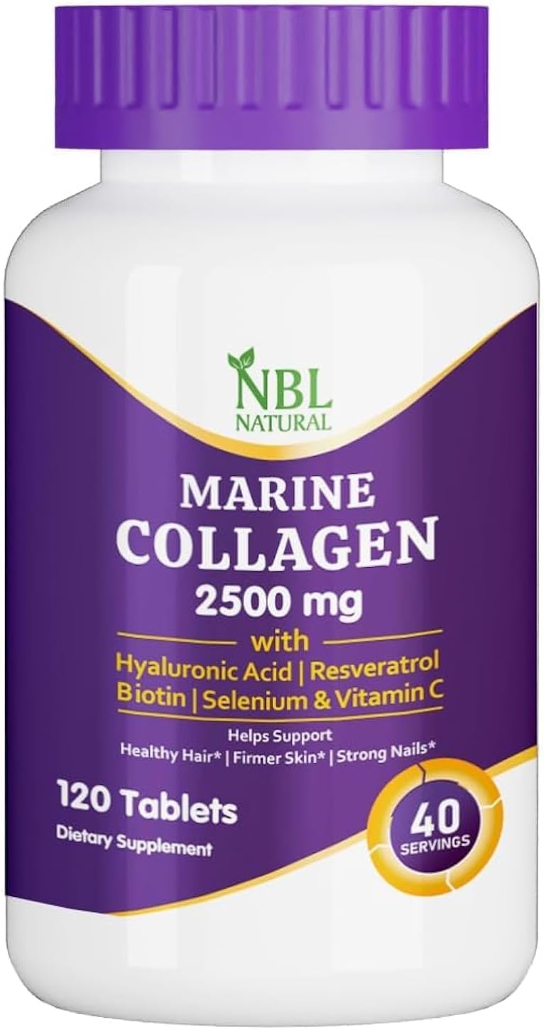 NBL Natural Hydrolysed Marine Collagen 2500mg with Hyaluronic Acid, Resveratrol, Biotin, Selenium & Vitamin C, 120 Tablets