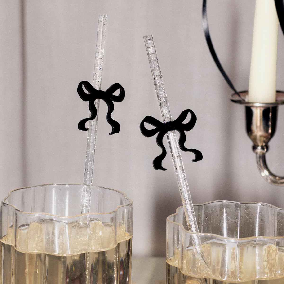 xo, Fetti Black Bow Reusable Straws, 12pcs - Clear Glitter Plastic | Birthday Drink Decorations, Coquette Drinkware, Tying the Knot Party Favor, Bachelorette Decor