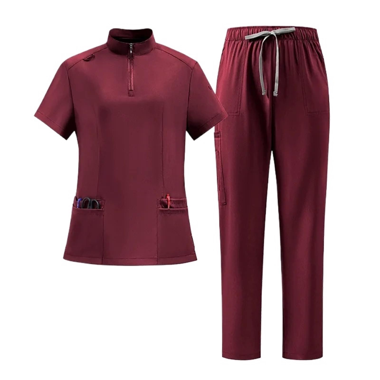 AHUFGN Nurse Scrubs Women Women's Scrub Top For Oral Dentistry Short-Sleeve For Dentists And Nurses Quick-Dry Stretch Workwear(Burgundy,XXL)