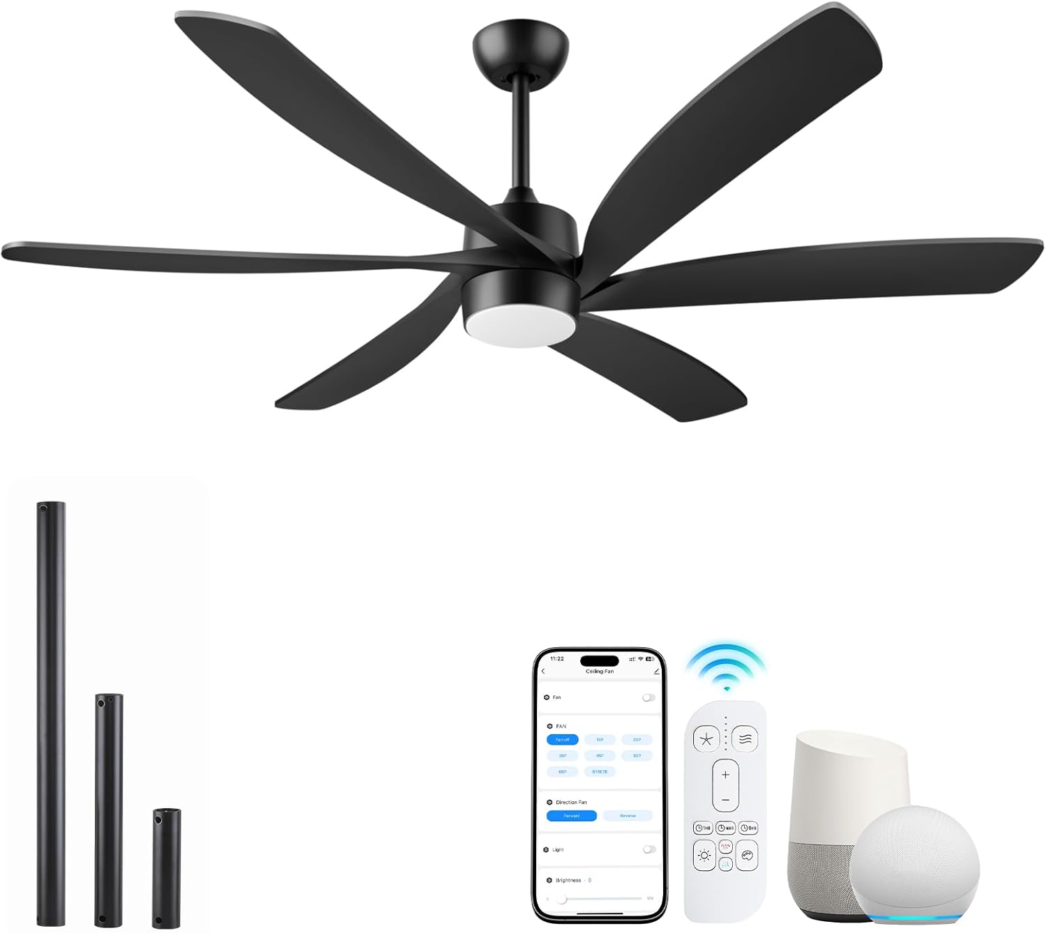 64 Inch Smart Outdoor Ceiling Fan with Light, Alexa/App/Remote Control, Large Airflow Quiet Reversible DC Motor, Damp-rated for Indoor Exterior Patios Proch Garage Living Room, Modern Black Industrial