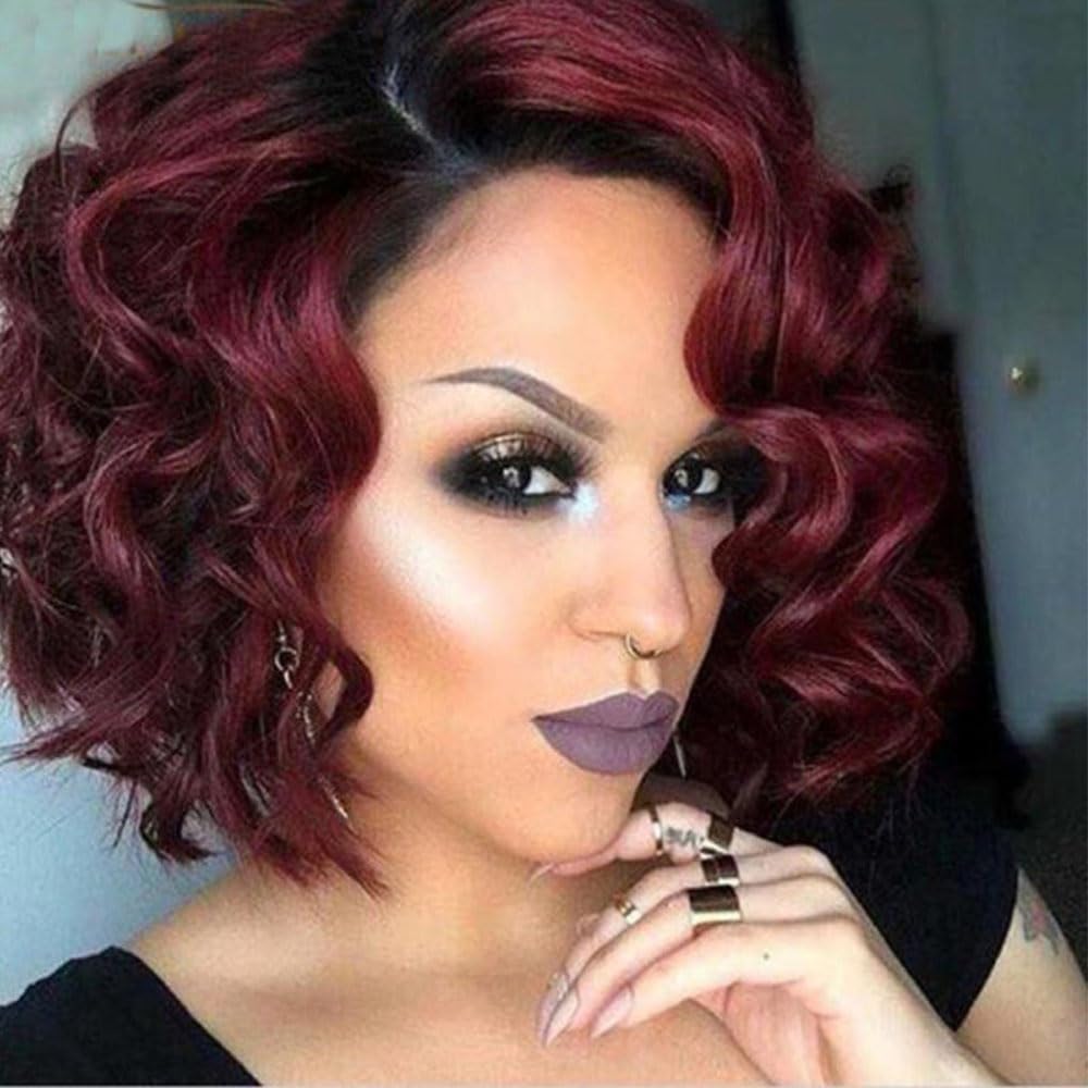 FASHION IDOL Short Water Wave Lace Front Bob Wigs for Women Human Hair Kinky Curly wig Side Part Shouder Lenth Wig Pre plucked with Baby Hair Natural Black 150% Density (12 Inches
