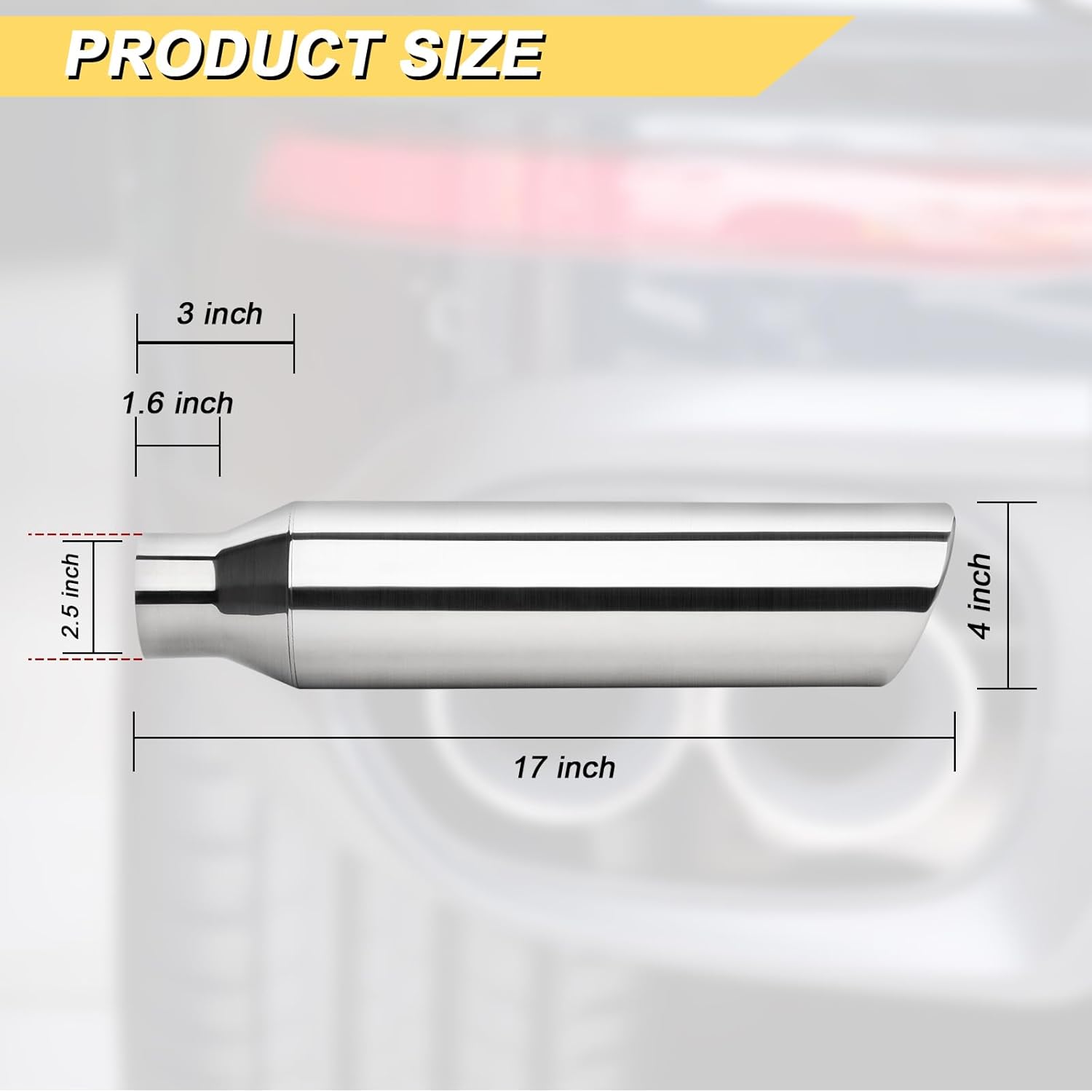 2.5 inch Inlet Exhaust Tip, 4" Outlet 17" Overall Length Stainless Steel Exhaust Tail Pipe, Weld On, Rolled Edge, Slant Sleek Angle Cut, Polished Tailpipe, Silvery, 2PCS