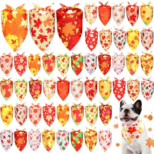 Preboun 50 Pcs Fall Thanksgiving Dog Bandana Bulk Pumpkin Maple Leaves Bandana for Dogs Triangle Kerchief Bib Scarf for Pets Costume Photo Props Accessories Pet Shops, 25 Styles (25.6 x 17.7 x 17.7)