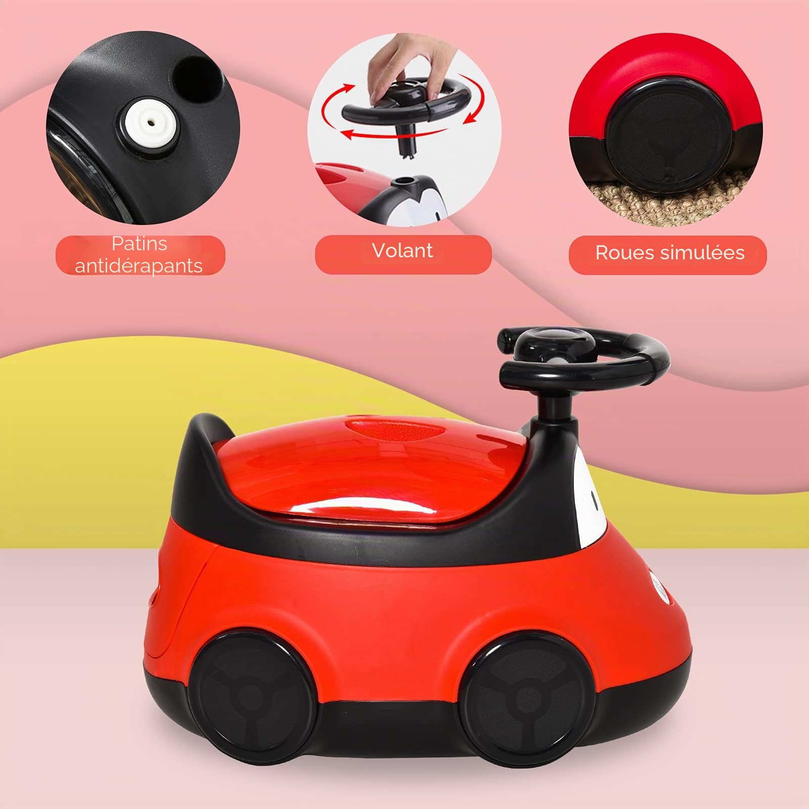 HOMCOM Pot pour bébé de 6 à 36 mois WC apprentissage entraînement portable en forme de voiture avec couvercle et volant Facile à nettoyer Charge 50 kg 40 x 27,5 x 29,1 cm Rouge