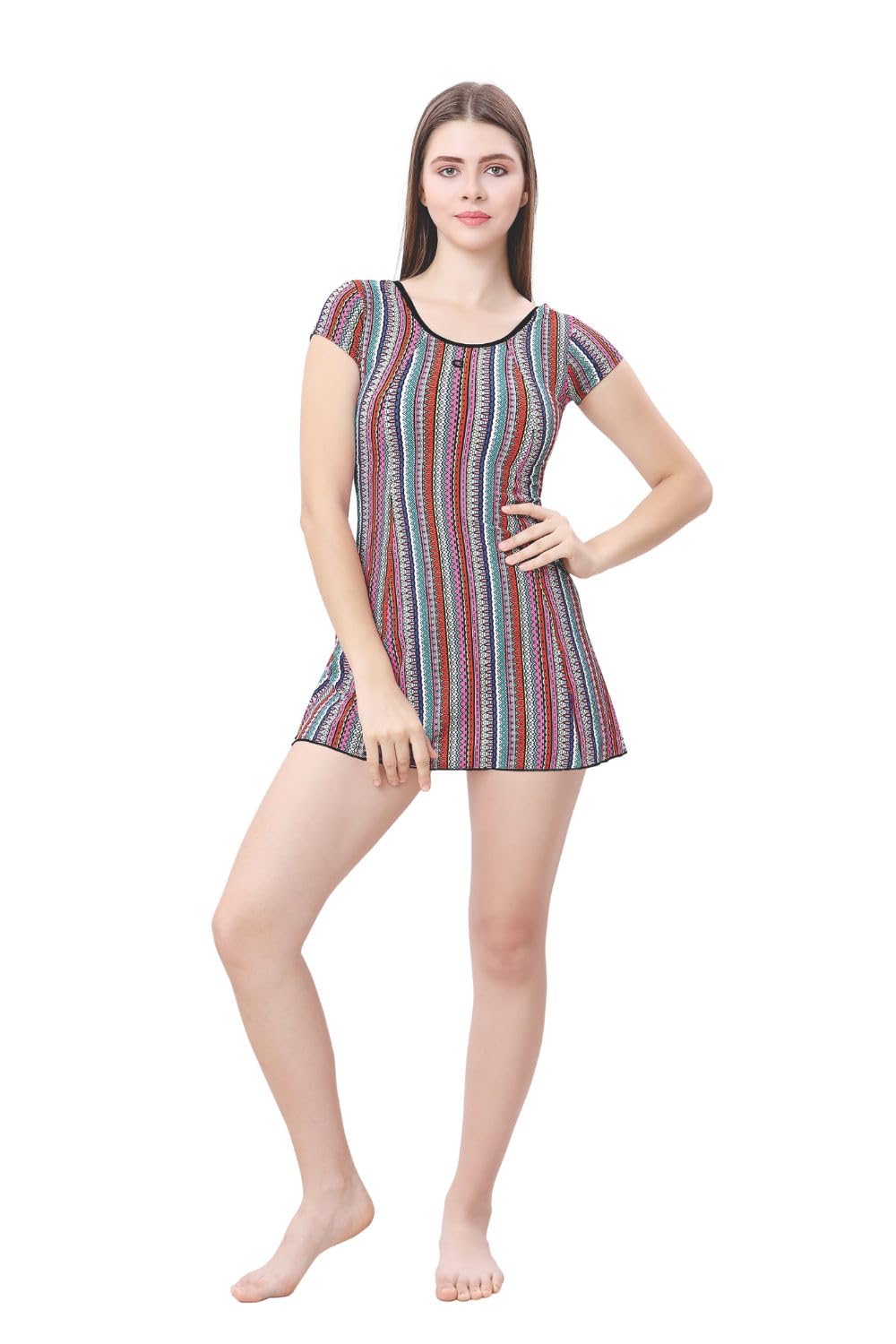 lactra Women's All-Over Printed U-Back Swimdress with Sleeves and Boyleg - Padded Bust Support for Comfort and Style Multicolor-picture-12