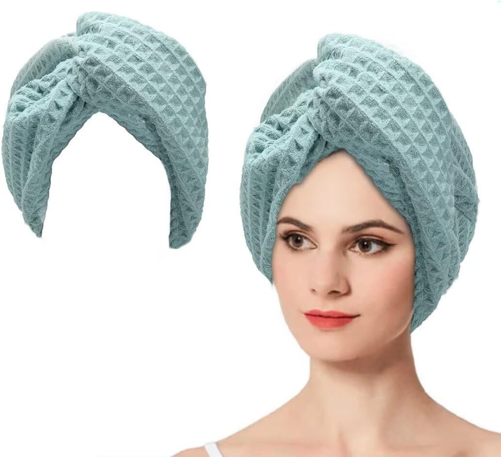OOTDAY Microfiber Hair Towel, Waffle Hair with Elastic Strap, Hair Drying Towel