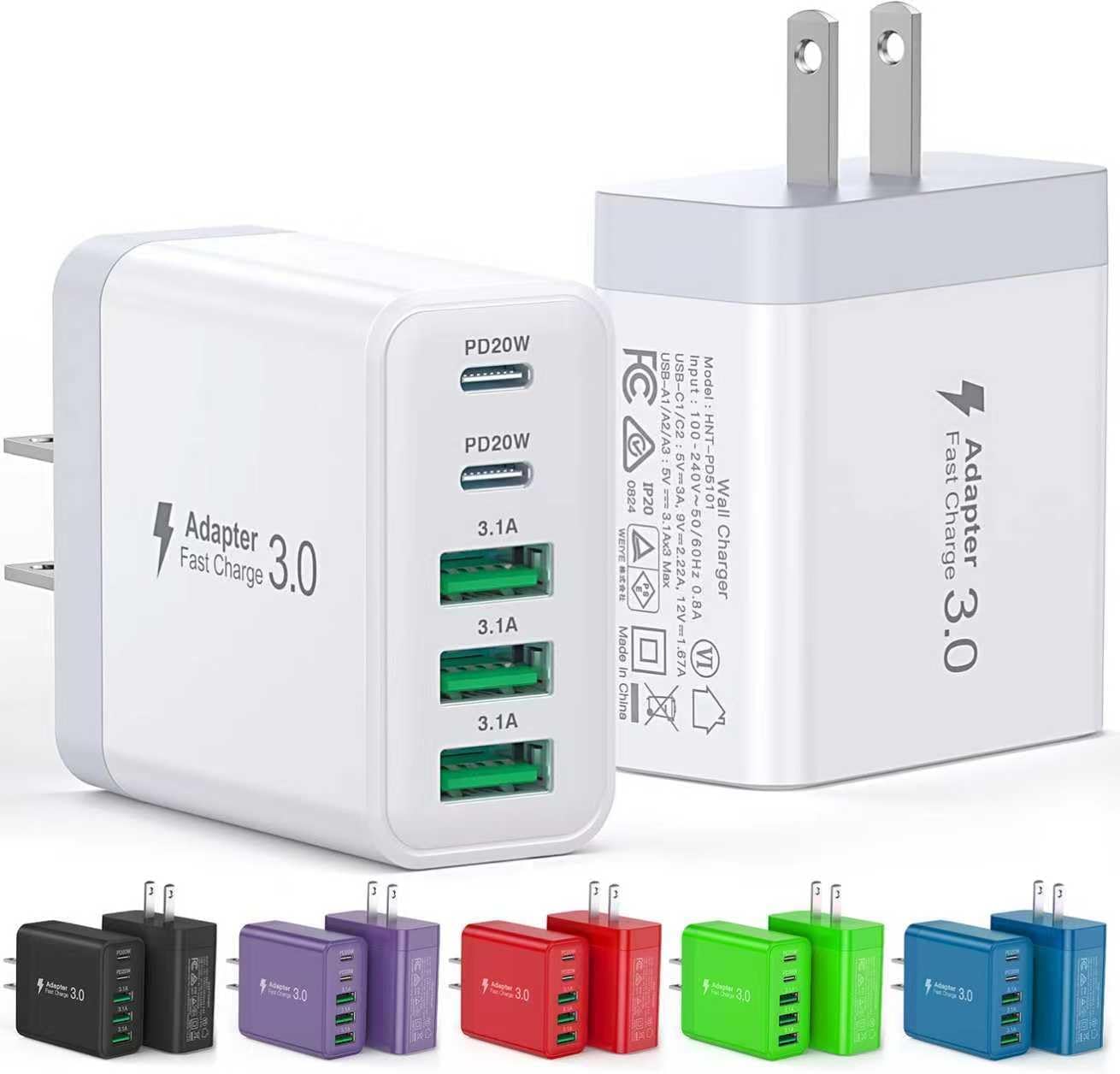 [2-Pack] USB C Wall Charger, 60W Fast USB C Charger Block, 5-Port PD Power Adapter + QC Wall Plug Multiport Type C Charging Block Cube Compatible with iPhone 17 16 15 14 13 12 Pro Max XR XS, Tablets