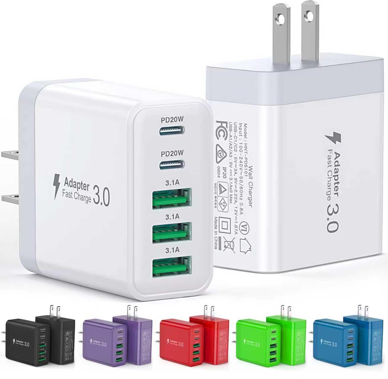 2-Pack USB C Wall Charger 60W Fast USB C Charger Block 5-Port PD Power Adapter QC Wall Plug