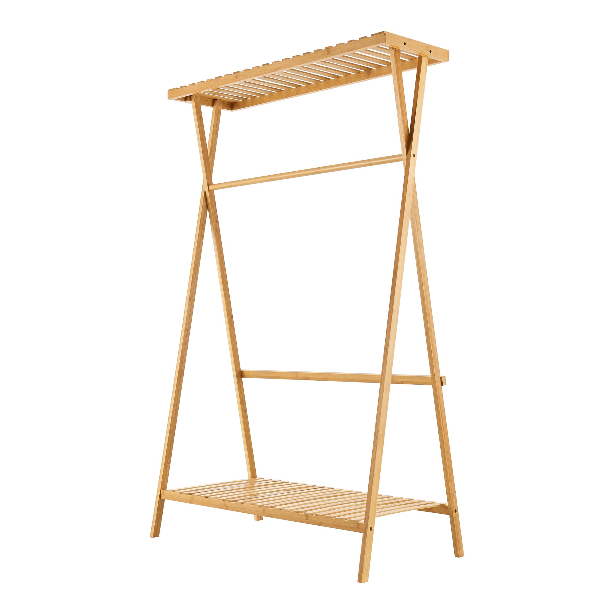 [en.casa] Stand Appendiabiti in Bambù Organizzatore Guardaroba con 2 Ripiani a Doghe e Barra Porta Abiti per Ingresso Camera da Letto 140 x 90 x 45 cm - Naturale