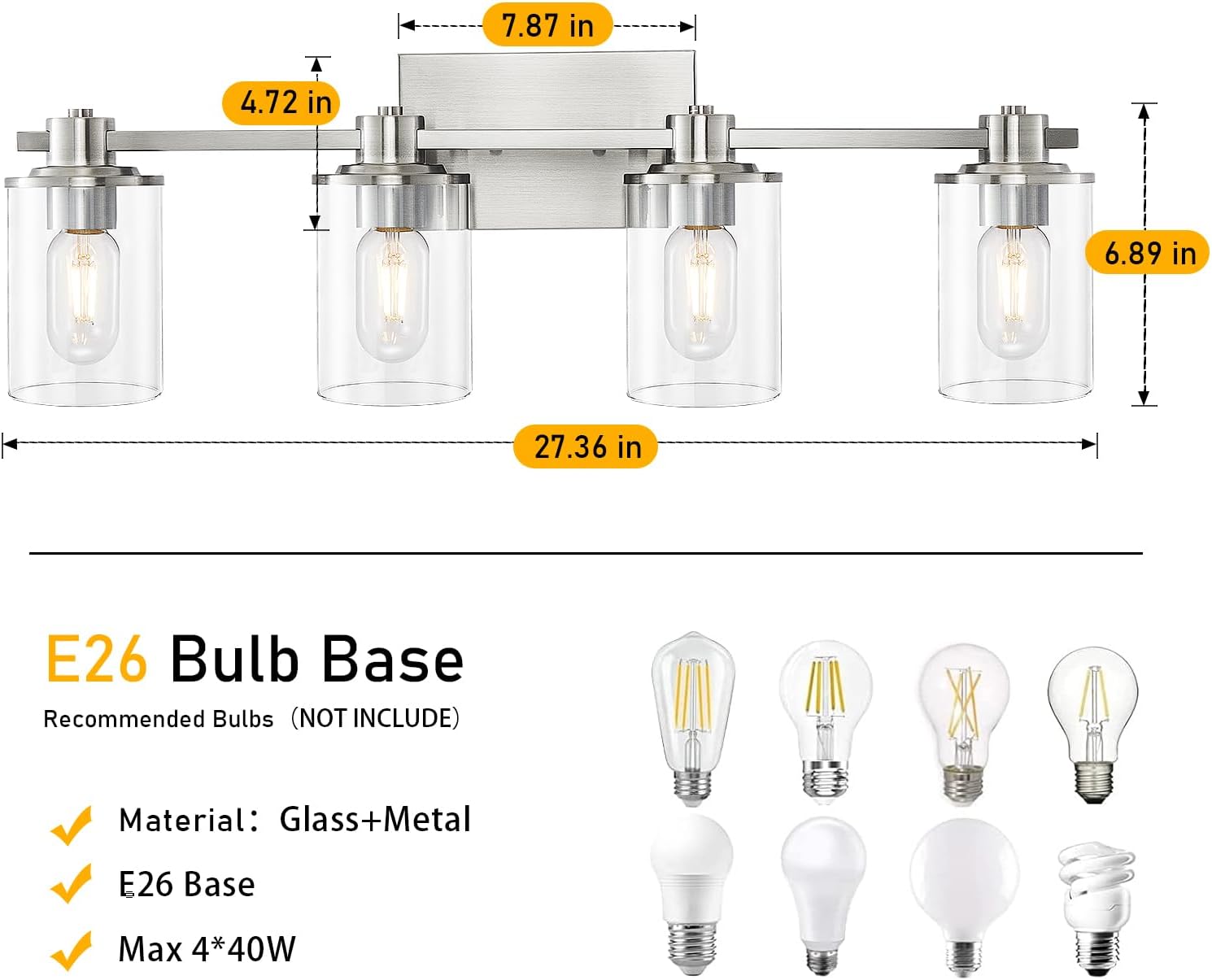 DUJAHMLAND 4 Light Bathroom Vanity Light, Brushed Nickel Bathroom Light Fixtures Over Mirror, Vanity Lights with Clear Glass Shade, Bathroom Light Indoor Decorative and Renovation