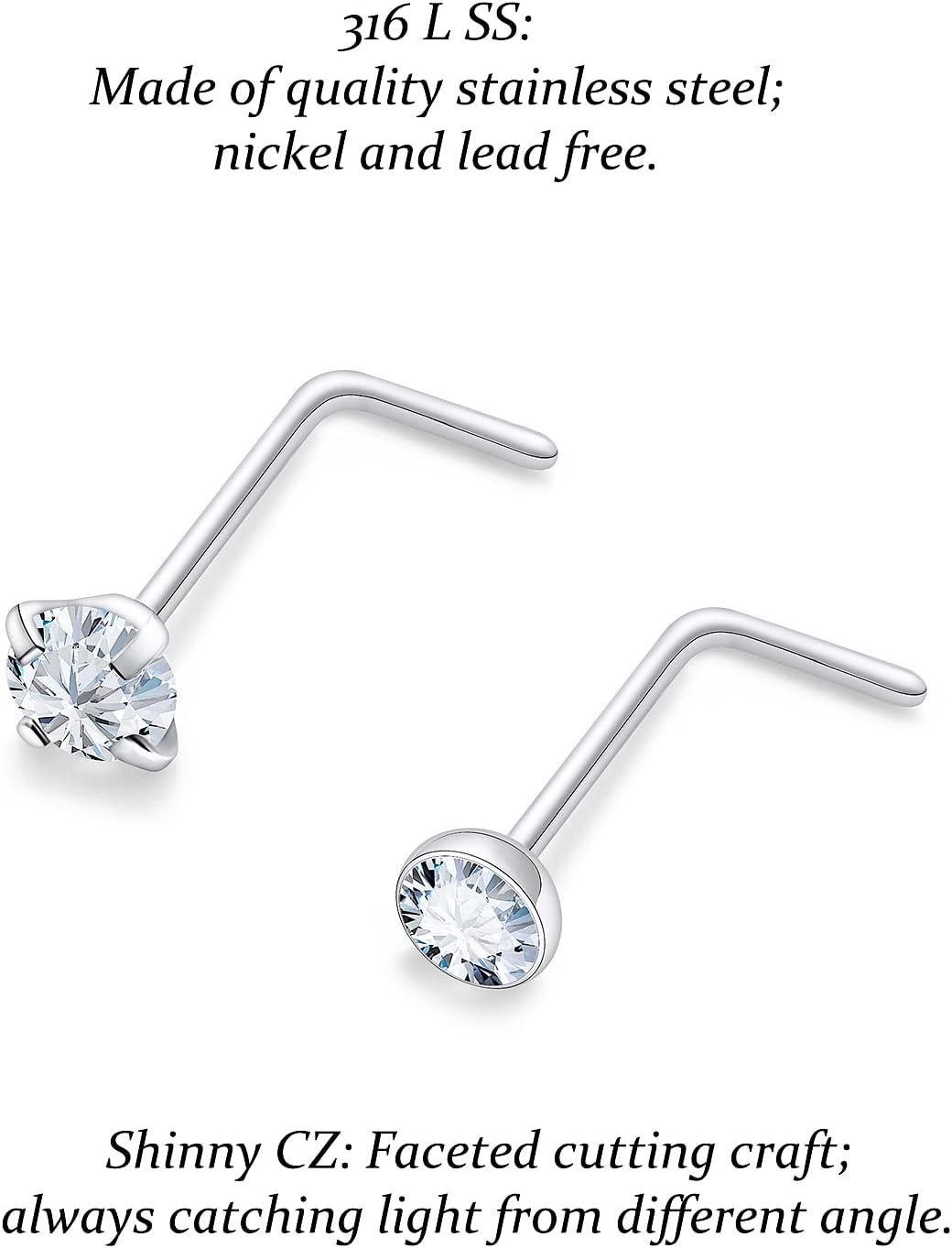 Vsnnsns 18G 20G 22G 女性用ノーズリング 316L サージカルステンレススチール L字型ノーズスタッド スクリュー