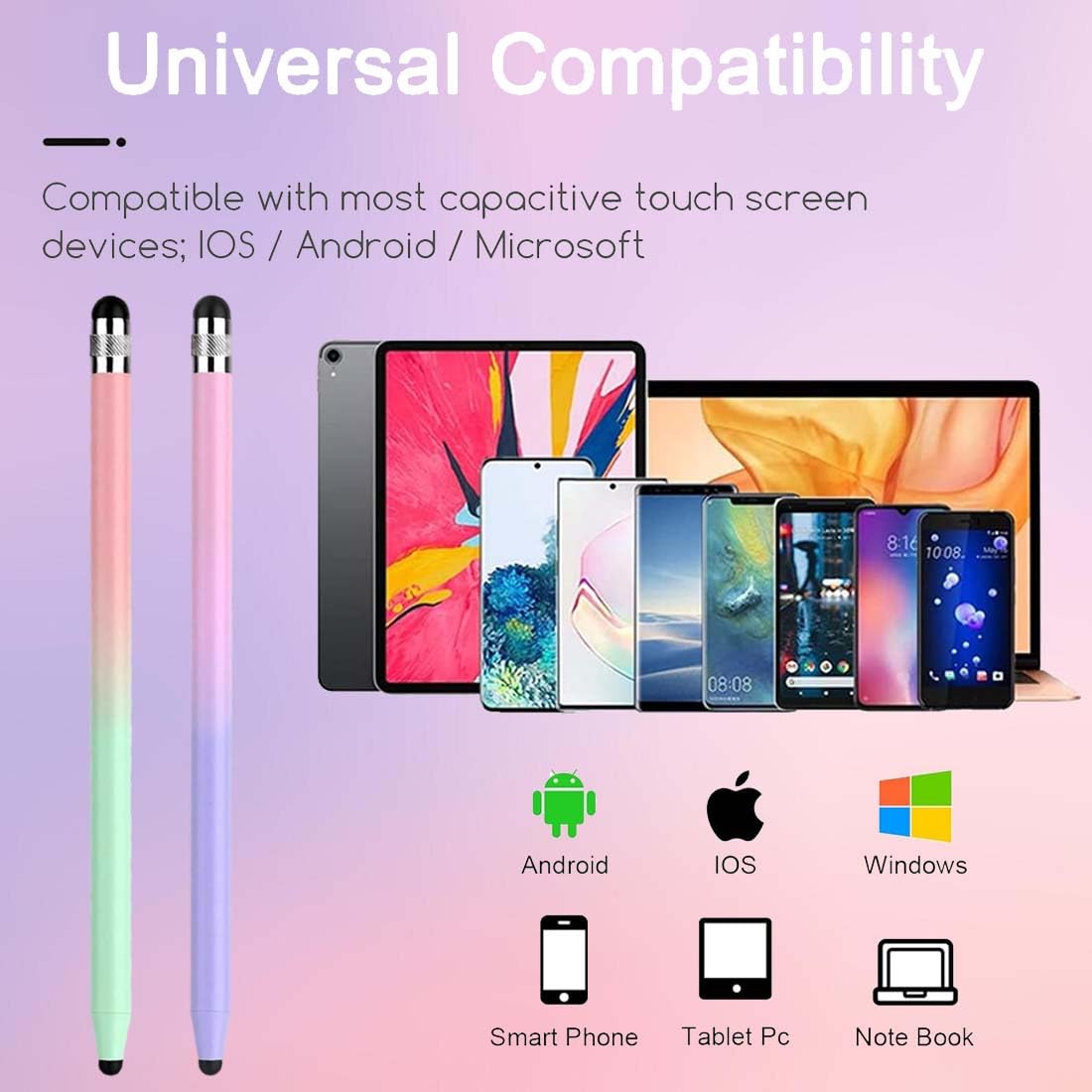 Penna per Tablet 2 in 1, 2 Pezzi, Verde Sfumato Rosa + Viola Sfumato Rosa, Touchscreen