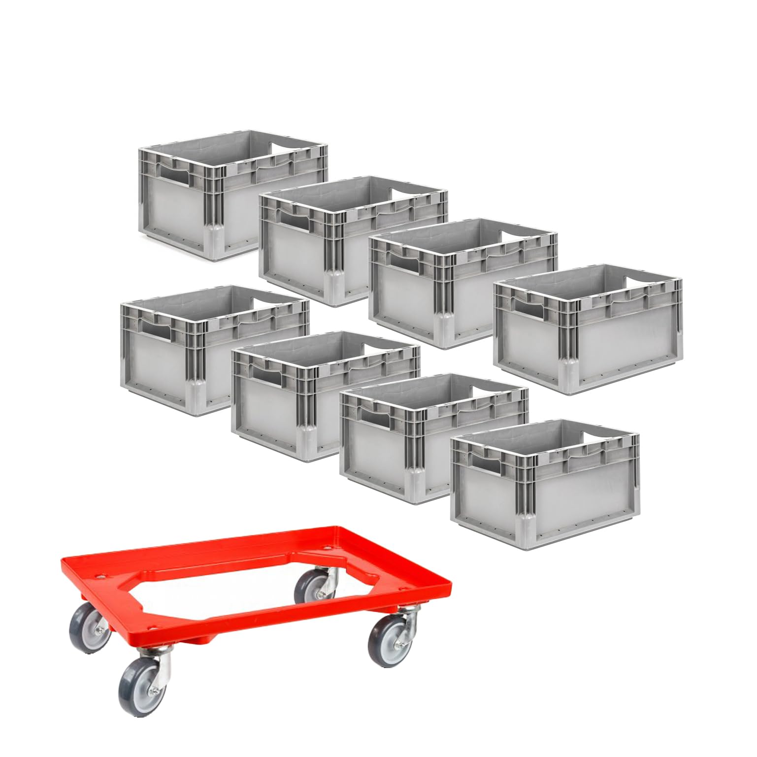 SSI Schäfer EuroBox ELB 4220 grau 40x30x22 cm, 20,4 L - gebraucht 8er Set inkl. neuem Rollwagen, Transportroller belastbar bis 300 kg, Kunststoffbehälter stapelbar, robuste Aufbewahrungskiste