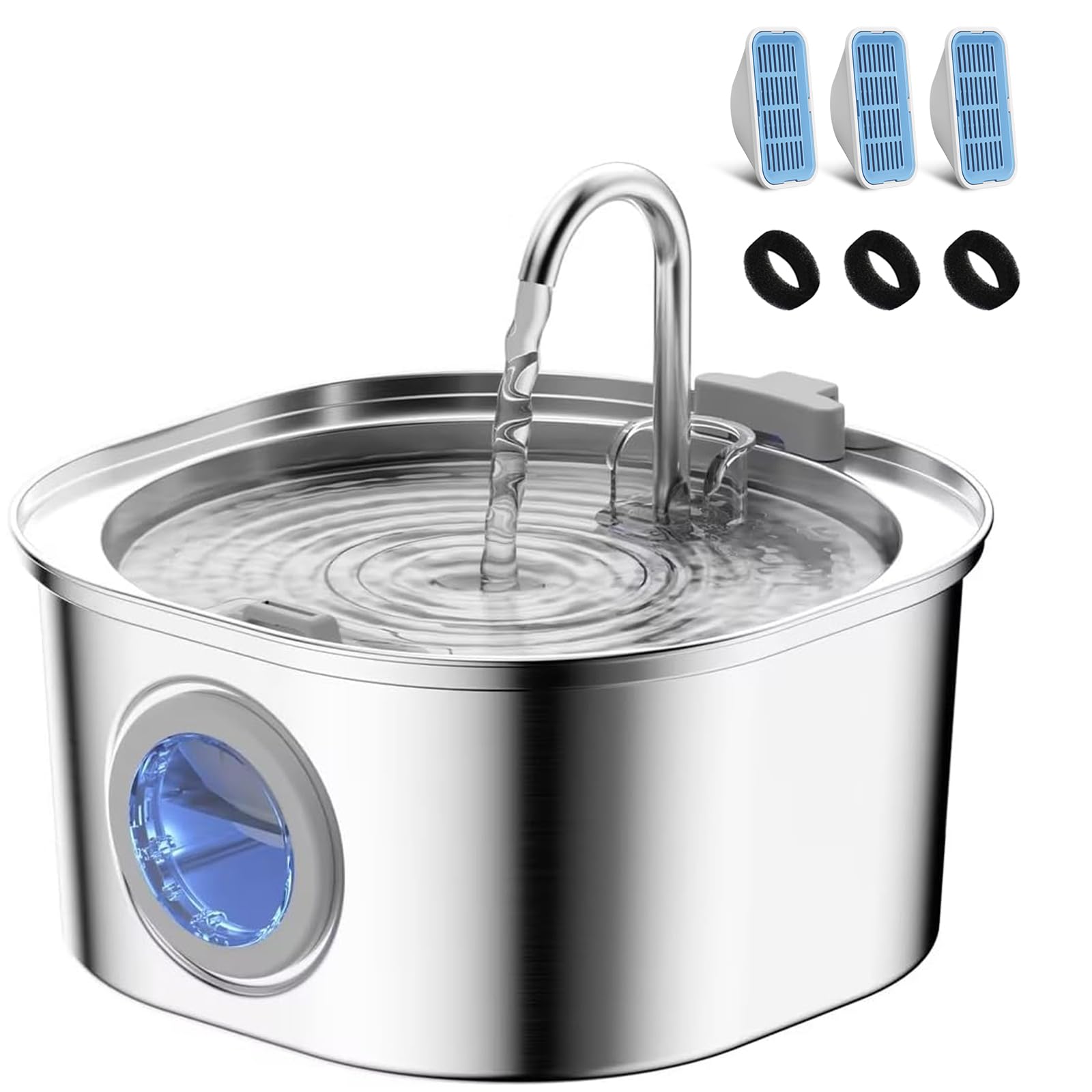 PEKTACO Cat Water Fountain, Pet Water Fountain for Cats/Dogs Indoor, Stainless Steel Cat Drinking Fountains with Water Level Window and 3 Filters + 3 Sponges(3.2L/108oz)