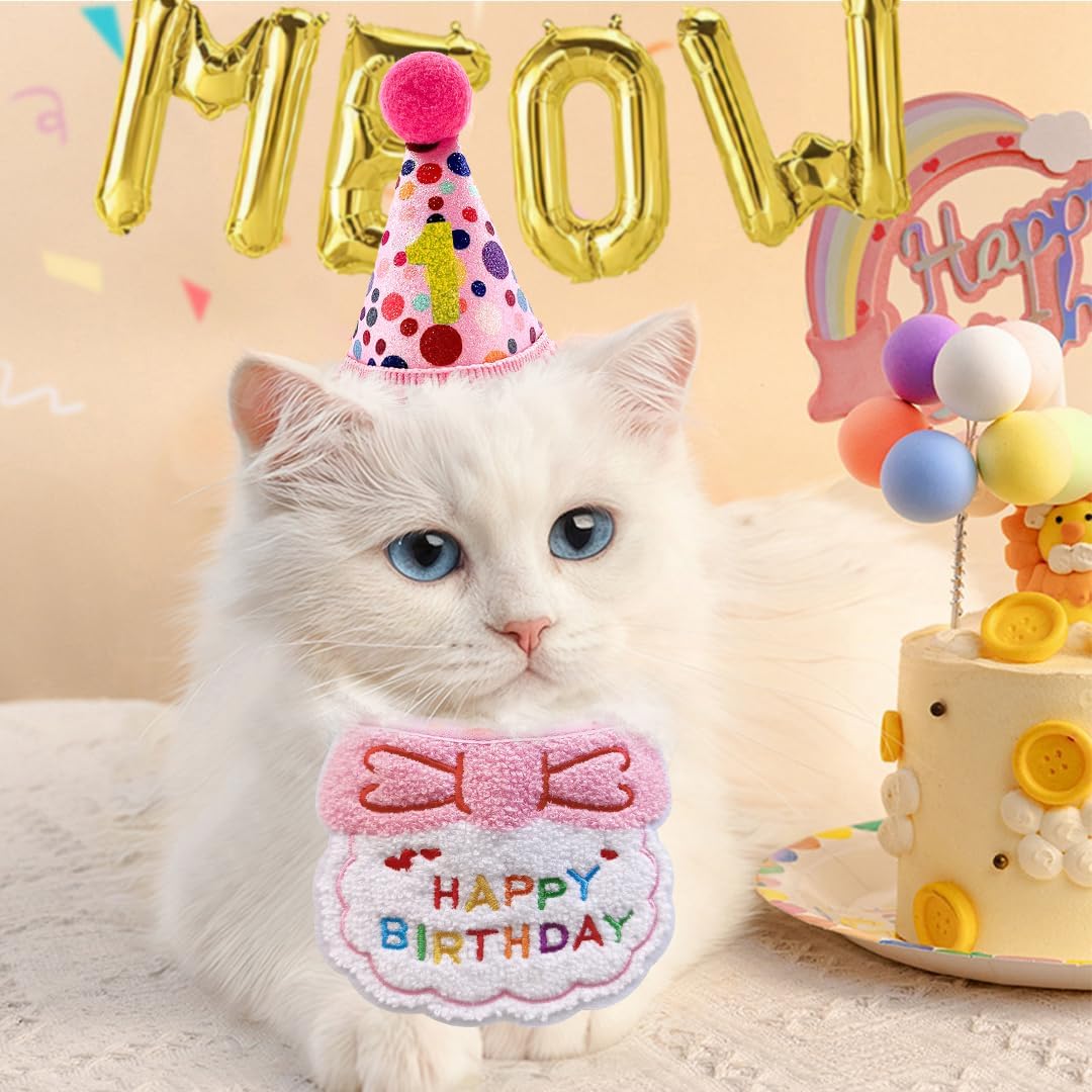 Cat Birthday Hat Decoration & Outfit Set - Adjustable Party Hat with Numbers, Bandana Bow Tie & Balloon Supplies for Cat Costume Photo Shoots (Pink)