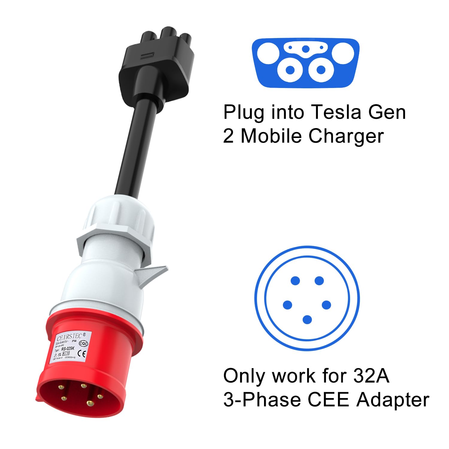 Adapter CEE na Tesla 5-pinowy 32A Gen 2 EV przedłużacz ładowarki do Tesla S/3/X/Y