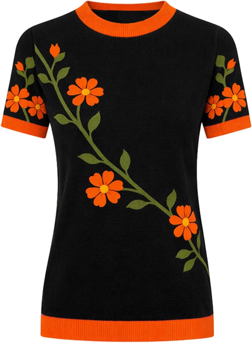 OXKNIT Women's Knit Short Sleeve T-Shirt Vintage Florals Pattern Crewneck Cotton Black Tops Summer Knitwear