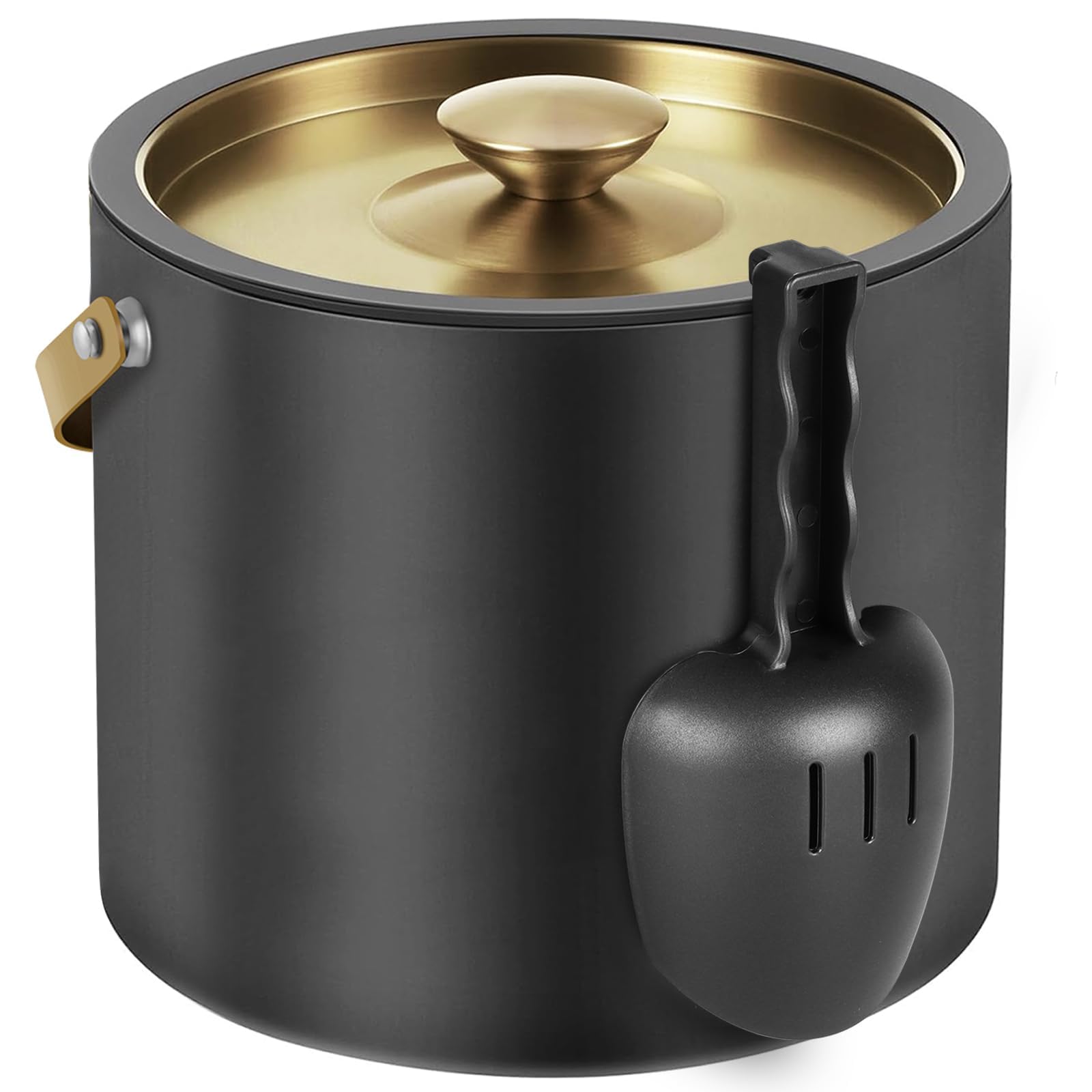 3.2L Eiswürfelbehälter mit Deckel und Schaufel, Edelstahl Eiskübel Doppelwandiger Isolierter Eisbehälter für Cocktailbar und Partys (Schwarz)